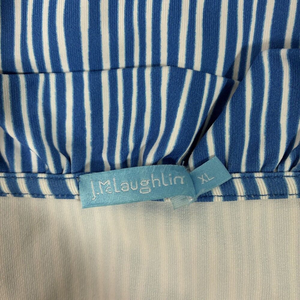 J. Mclaughlin Women's XL Blue Striped Ruffle V-Neck Blouse Quiet Luxury Stretch - Picture 4 of 6